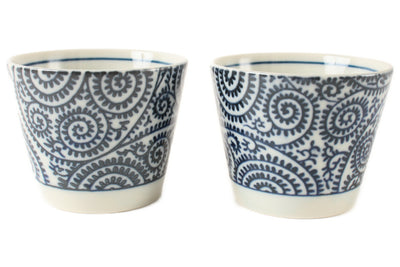 Mino ware Japan Pottery Pair Sobachoko Cup Indigo Karakusa Pattern