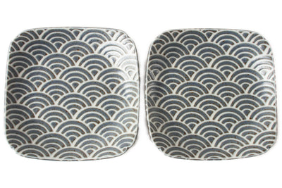 Mino ware Japan Ceramics Wave Pattern Square Plate Set of Two Blue