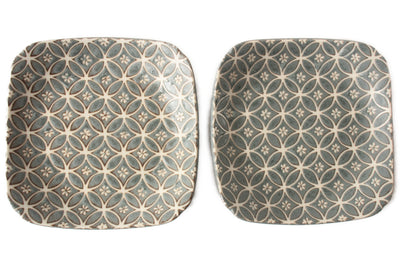 Mino ware Japan Ceramics Circle Pattern Square Plate Set of Two Green