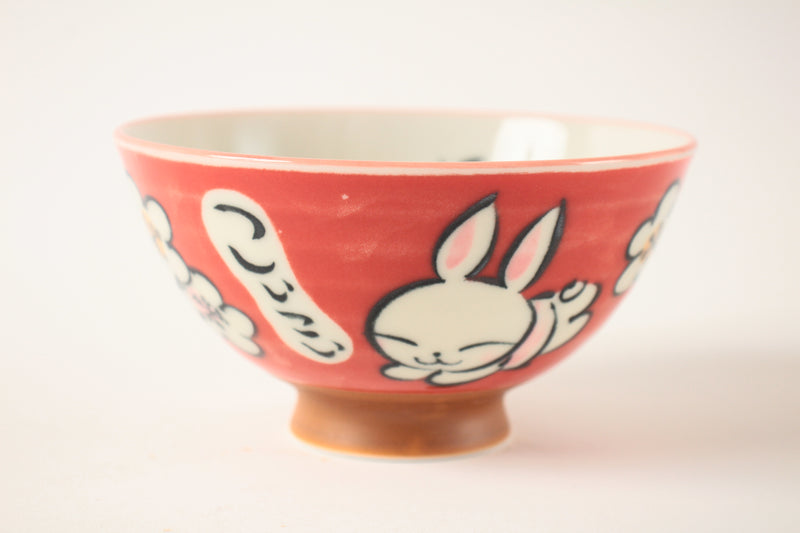 Mino ware Japanese Ceramics Rice Bowl Red Lucky Rabbit made in Japan