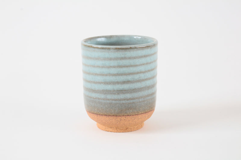 Mino ware Japanese Yunomi Chawan Tea Cup, Pale Blue and Light Gray Stripes Made in Japan