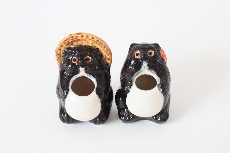 Shigaraki ware Japanese Ceramic Toothpick Stand Set of 2 Married Raccoon Made in Japan