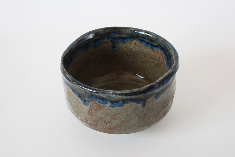 Mino ware Japanese Pottery Tea Ceremony Matcha Bowl, Mashiko Namako Flowing, Rusty Green, Blue, Made in Japan