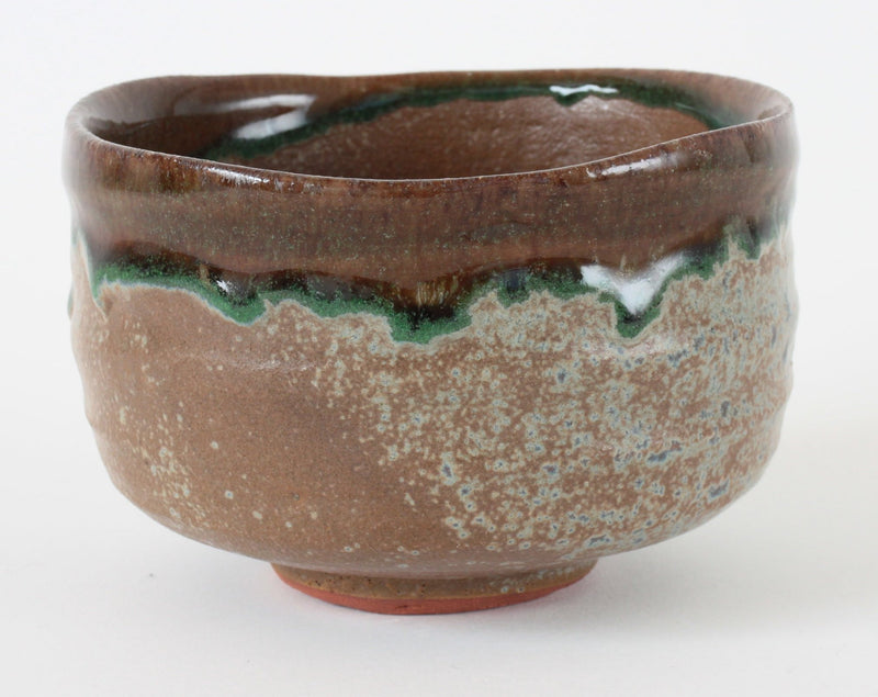 Mino ware Japanese Pottery Tea Ceremony Matcha Bowl, Ash-yellow spotted green glaze flowing, Brown, Made in Japan