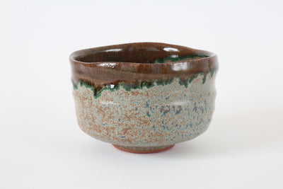 Mino ware Japanese Pottery Tea Ceremony Matcha Bowl, Ash-yellow spotted green glaze flowing, Brown, Made in Japan