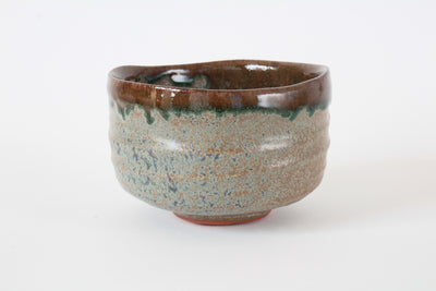 Mino ware Japanese Pottery Tea Ceremony Matcha Bowl, Ash-yellow spotted green glaze flowing, Brown, Made in Japan