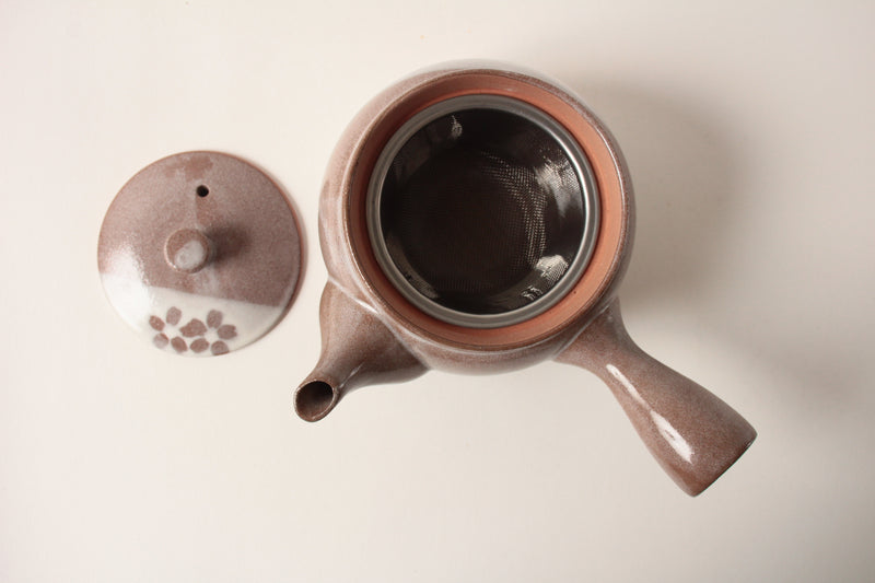 Mino ware Japanese Pottery Teapot Kyusu Plum Flowers in Russet Brown with Infuser made in Japan