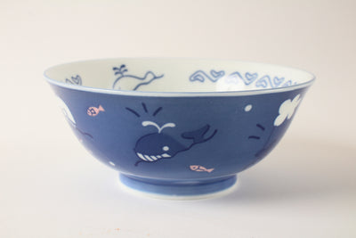 Mino ware Japanese Ceramics Kids Ramen Noodle Donburi Bowl Whale Blue