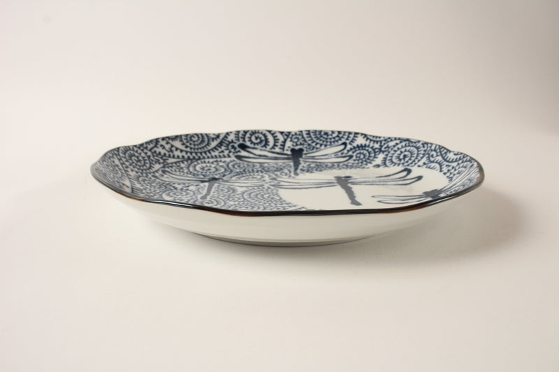 Mino ware Japanese Ceramics Large Plate Dragonfly Spiral Bracken Blue made in Japan