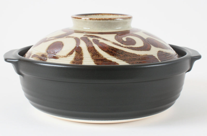 Mino ware Japanese Pottery Clay Pot Donabe (8.5inch) Karakusa Brown Lid, Black pot, Made in Japan