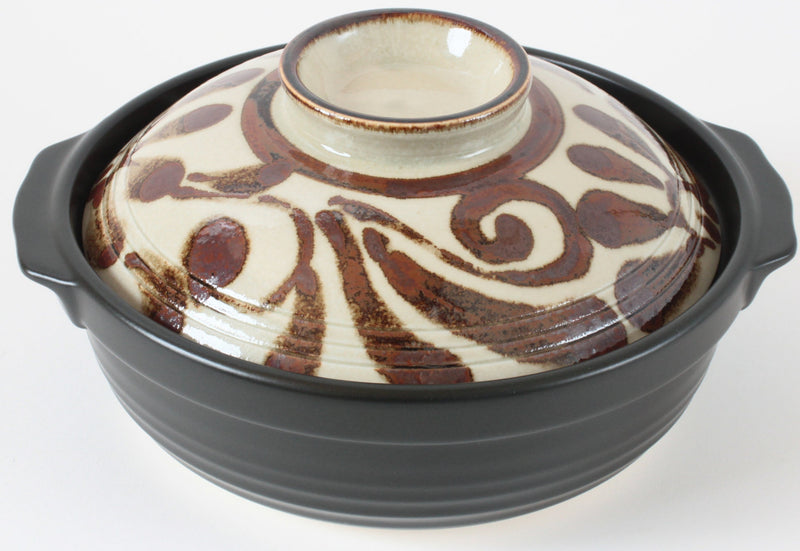 Mino ware Japanese Pottery Clay Pot Donabe (8.5inch) Karakusa Brown Lid, Black pot, Made in Japan