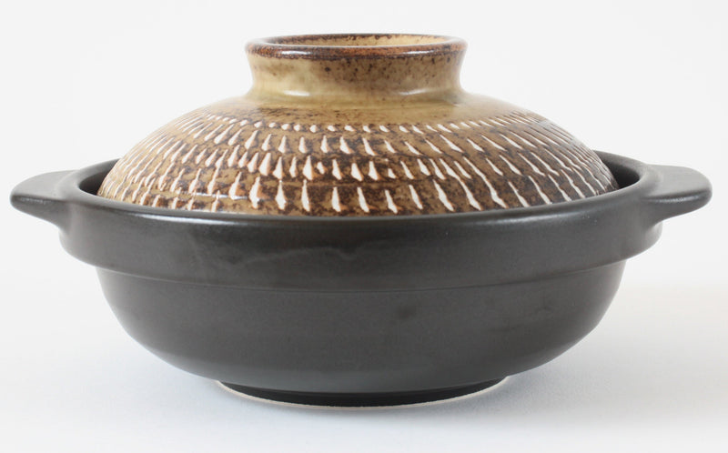 Mino ware Japanese Pottery Clay Pot Donabe (6.3inch) Tokusa Brown Lid, Black Pot, Made in Japan