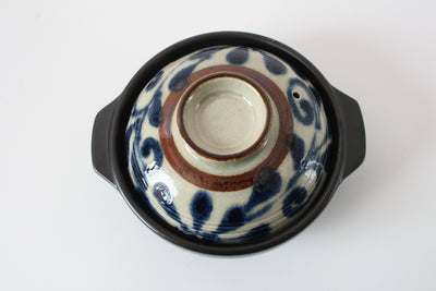 Mino ware Japanese Pottery Clay Pot Donabe (Small) Karakusa Blue Lid, Black Pot, Made in Japan