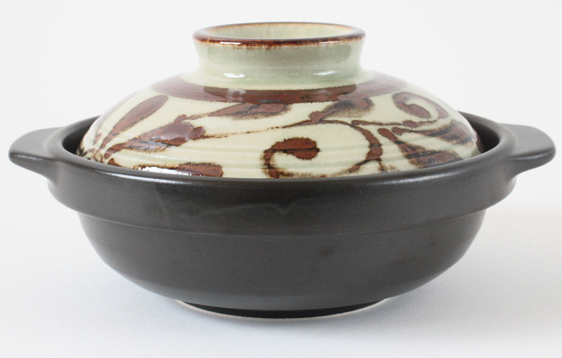 Mino ware Japanese Pottery Clay Pot Donabe (6.3inch) Karakusa Brown Lid, Black Pot, Made in Japan