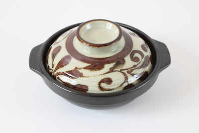 Mino ware Japanese Pottery Clay Pot Donabe (6.3inch) Karakusa Brown Lid, Black Pot, Made in Japan