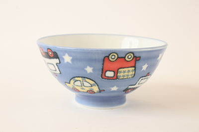Mino ware Japanese Ceramics Kids Rice Bowl Vehicles and Stars Blue made in Japan