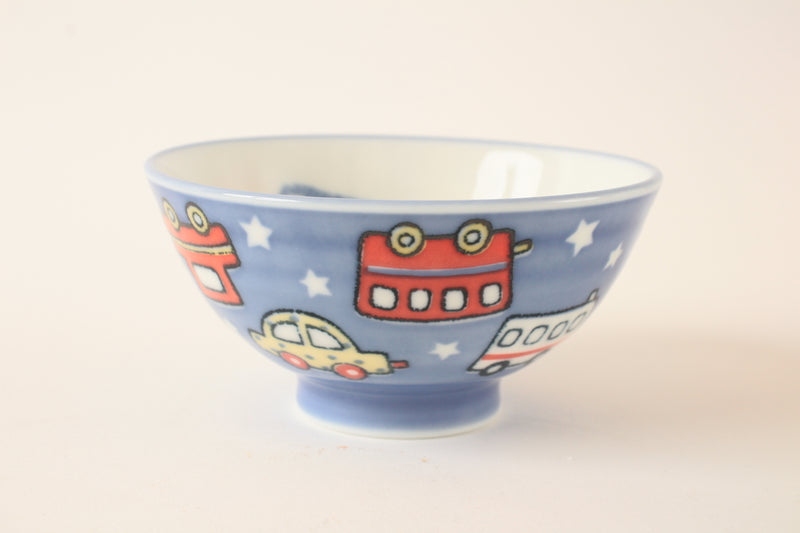 Mino ware Japanese Ceramics Kids Rice Bowl Vehicles and Stars Blue made in Japan