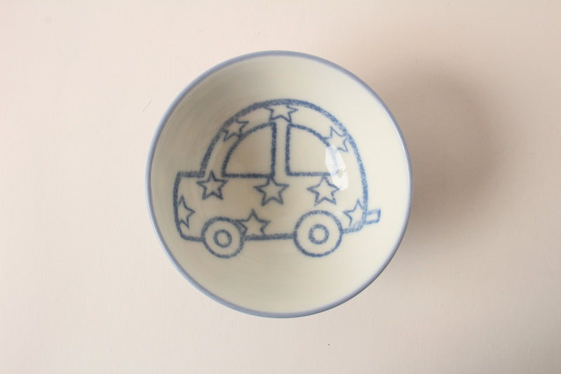 Mino ware Japanese Ceramics Kids Rice Bowl Vehicles and Stars Blue made in Japan