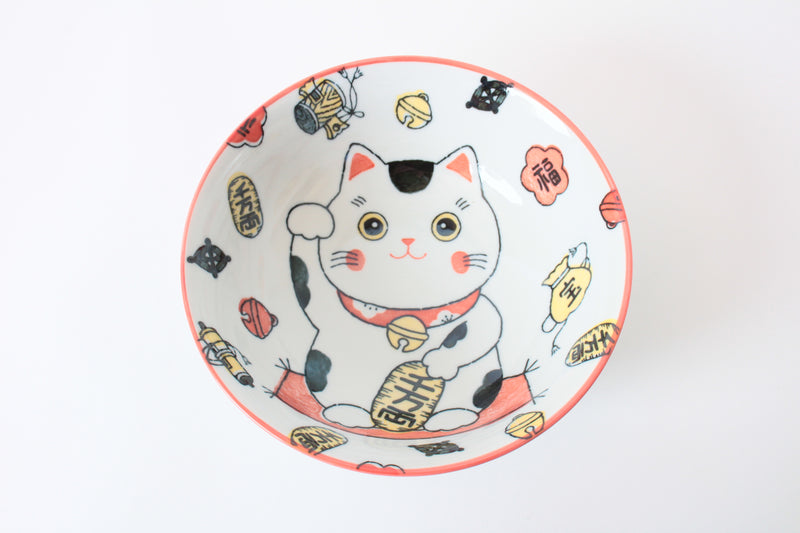 Mino ware Japanese Ceramics Ramen Noodle Donburi Bowl Lucky Cat Red made in Japan