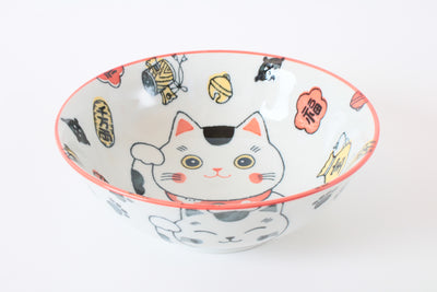 Mino ware Japanese Ceramics Ramen Noodle Donburi Bowl Lucky Cat Red made in Japan