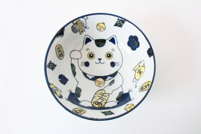 Mino ware Japanese Ceramics Ramen Noodle Donburi Bowl Lucky Cat Navyblue made in Japan