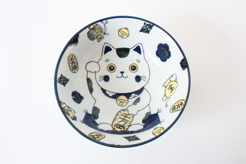 Mino ware Japanese Ceramics Ramen Noodle Donburi Bowl Lucky Cat Navyblue made in Japan