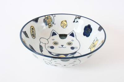 Mino ware Japanese Ceramics Ramen Noodle Donburi Bowl Lucky Cat Navyblue made in Japan