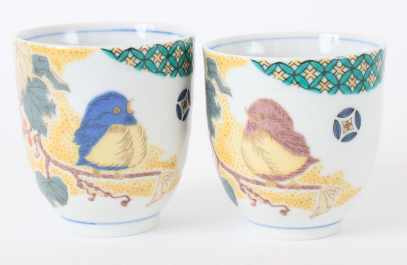 Kutani ware Japanese Ceramic Pair Yunomi Chawan Tea Cup Yoshidaya Sparrow Made in Japan