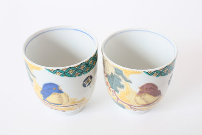 Kutani ware Japanese Ceramic Pair Yunomi Chawan Tea Cup Yoshidaya Sparrow Made in Japan