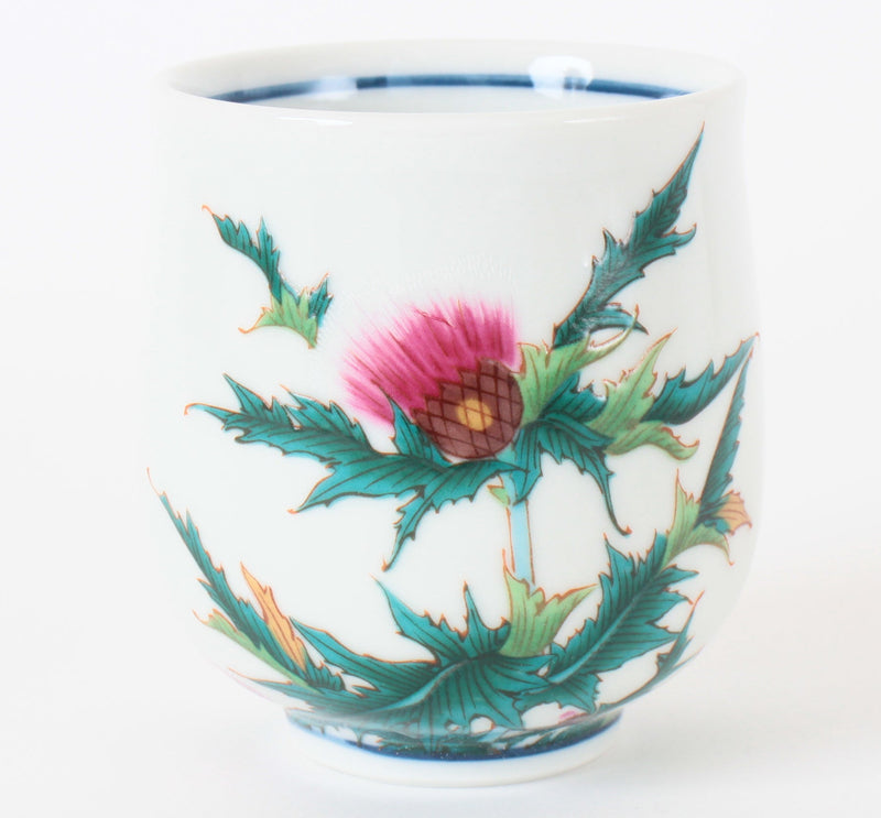 Kutani ware Japanese Ceramic Yunomi Chawan Tea Cup Thistle Flower Pink Made in Japan