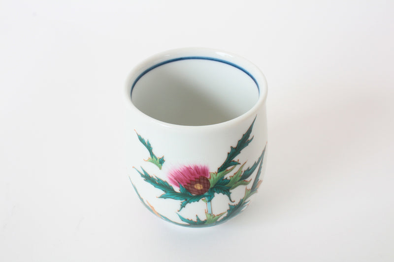 Kutani ware Japanese Ceramic Yunomi Chawan Tea Cup Thistle Flower Pink Made in Japan