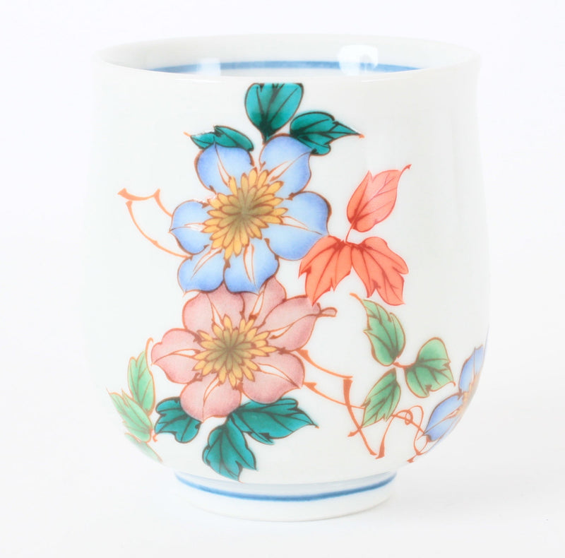 Kutani ware Japanese Ceramic Yunomi Chawan Tea Cup Blue and Pink Flowers Made in Japan