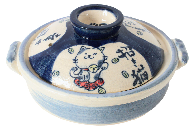 Banko ware Japanese Pottery Clay Pot Donabe (7.1inch) Lucky Cat, Blue, Made in Japan