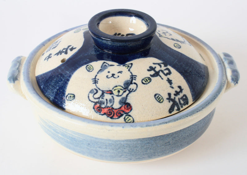 Banko ware Japanese Pottery Clay Pot Donabe (7.1inch) Lucky Cat, Blue, Made in Japan