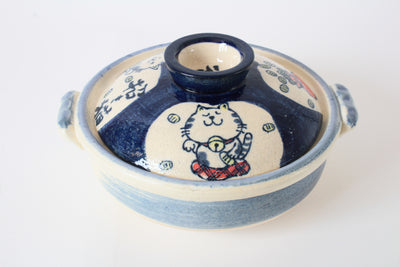 Banko ware Japanese Pottery Clay Pot Donabe (7.1inch) Lucky Cat, Blue, Made in Japan