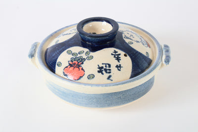 Banko ware Japanese Pottery Clay Pot Donabe (7.1inch) Lucky Cat, Blue, Made in Japan