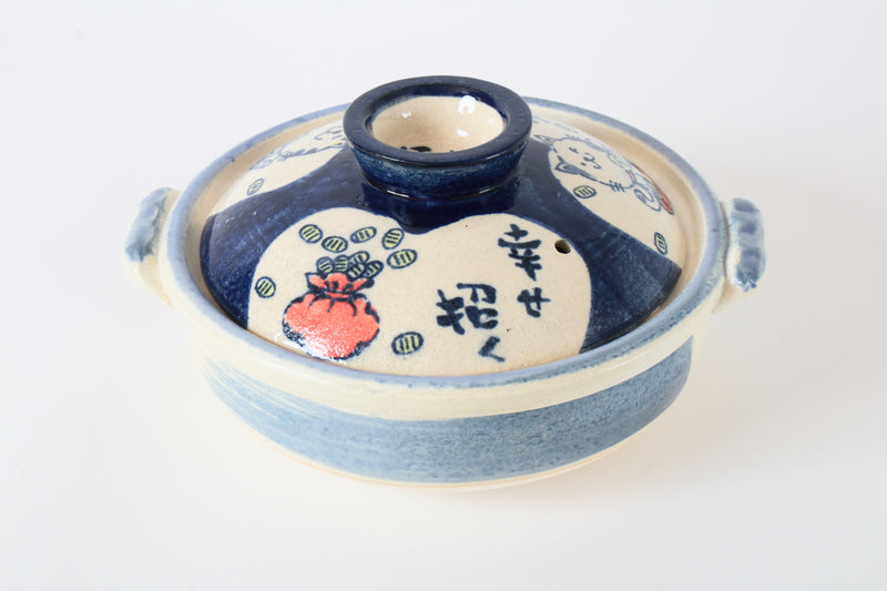 Banko ware Japanese Pottery Clay Pot Donabe (7.1inch) Lucky Cat, Blue, Made in Japan