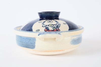 Banko ware Japanese Pottery Clay Pot Donabe (7.1inch) Lucky Cat, Blue, Made in Japan