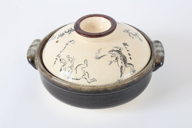 Banko ware Japanese Pottery Clay Pot Donabe (7.1inch) The Frolicking Animals Chōjū Giga Made in Japan