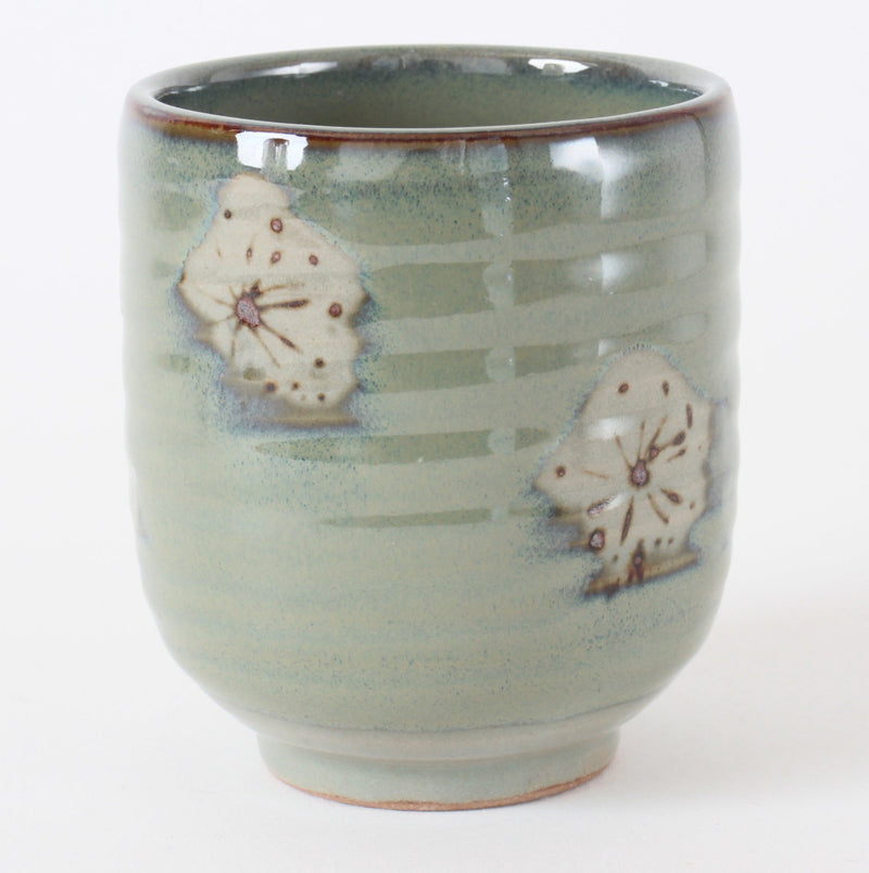 Mino ware Japanese Sushi Yunomi Chawan Tea Cup Plum Flowers Beige & Yellow Green