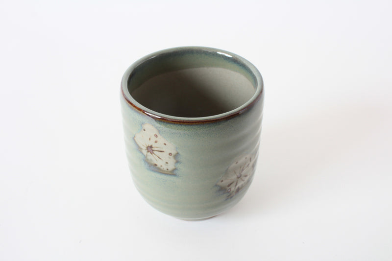 Mino ware Japanese Sushi Yunomi Chawan Tea Cup Plum Flowers Beige & Yellow Green