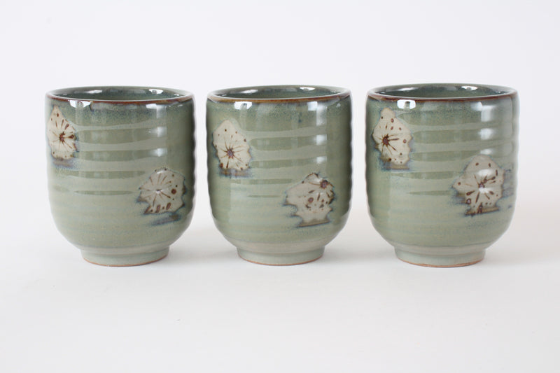 Mino ware Japanese Sushi Yunomi Chawan Tea Cup Plum Flowers Beige & Yellow Green