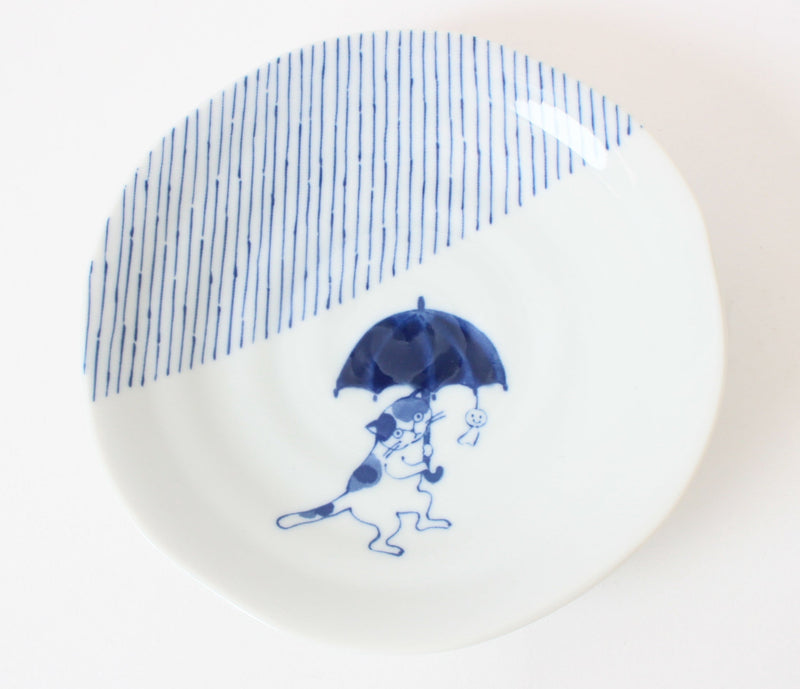 Mino ware Japanese Ceramics 6.5 inch Round Plate / Dish Japanese Cats Umbrella made in Japan