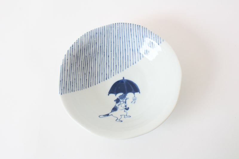 Mino ware Japanese Ceramics 6.5 inch Deep Round Plate / Dish Japanese Cats Umbrella made in Japan