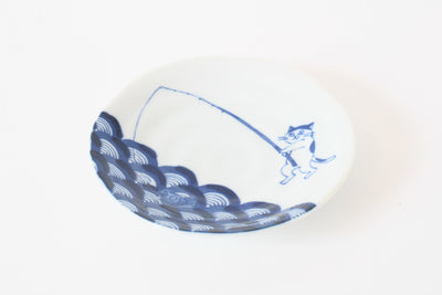 Mino ware Japanese Ceramics 5.4 inch Round Plate / Dish Japanese Cats Fishing made in Japan