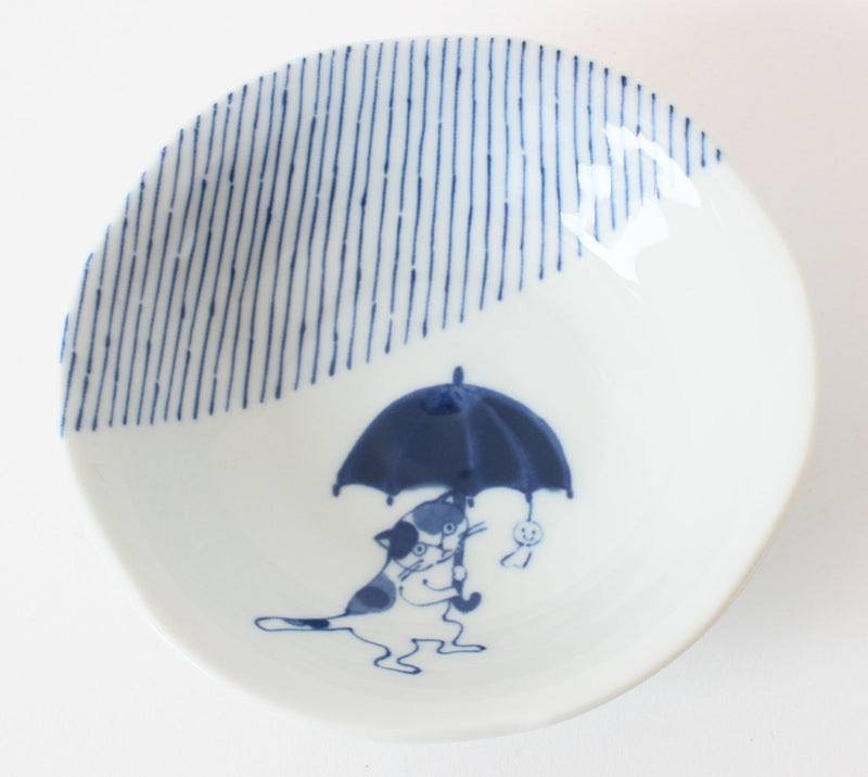 Mino ware Japanese Ceramics 5.4 inch Deep Round Plate / Dish Japanese Cats Umbrella made in Japan