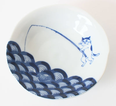 Mino ware Japanese Ceramics 5.4 inch Deep Round Plate / Dish Japanese Cats Fishing made in Japan