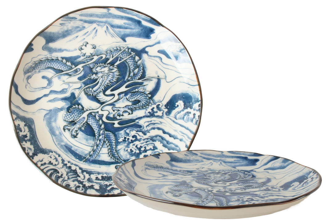 Mino ware Japanese Ceramics Large Plate Dragon and Mt. Fuji Blue
