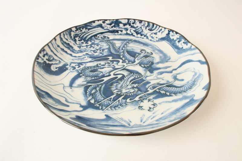 Mino ware Japanese Ceramics Large Plate Dragon and Mt. Fuji Blue made in Japan