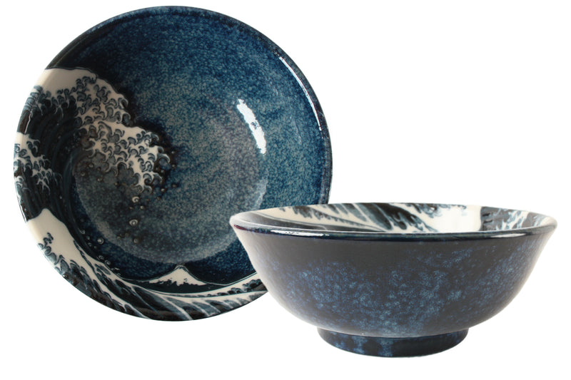 Mino ware Japanese Ceramics Ramen Noodle Donburi Bowl Big Wave & Mt. Fuji Navy made in Japan